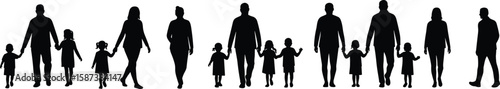 Silhouette of diverse families walking together, unity, bonding, holding hands, community support, parents with children, family values, outdoor vector