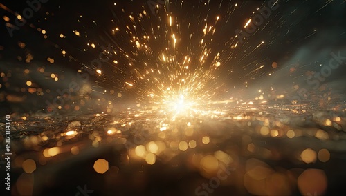 Golden sparks burst on dark surface
