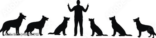 Silhouette of dog trainer with German Shepherds, obedience training, loyalty, discipline, canine behavior, pet commands, teamwork, vector illustration