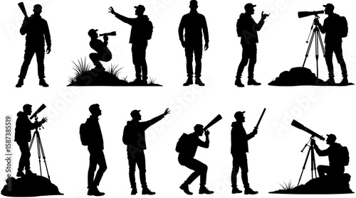 Silhouette of explorers using telescopes in various poses outdoors  