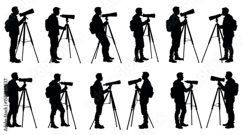 Silhouettes of people observing through telescopes in various poses  