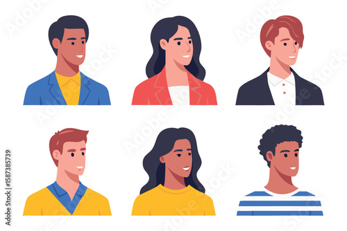 Diverse Faces: A collection of six diverse individuals, each portrayed with unique features and expressions, showcasing the beauty and variety of humanity in a minimalist style.
