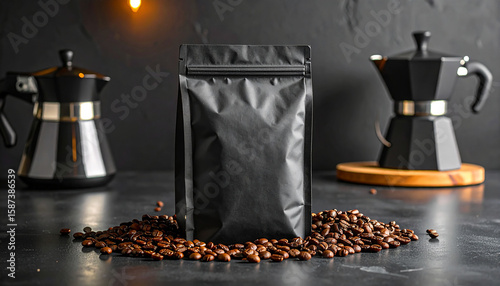 Premium black coffee bag mockup on a dark slate countertop with roasted coffee beans and a manual brewer set