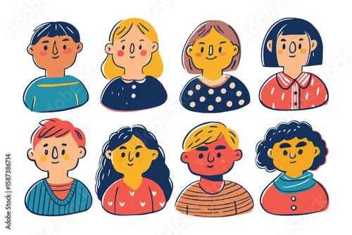 Diverse Portraits: A collection of charming and colorful illustrations featuring a variety of faces, each with unique expressions and styles.