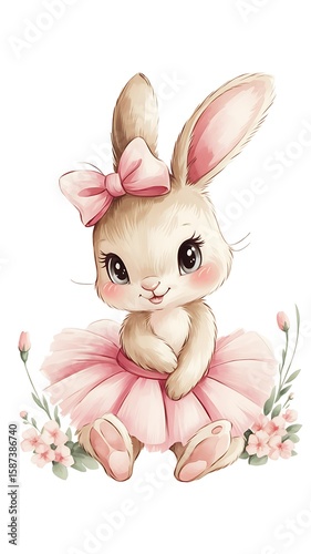 Pink Ballerina Bunny Rabbit Watercolor of Cute Hare