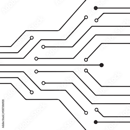 The image displays a stylized circuit board with lines connecting circular nodes against a light background.
