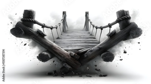 A moody atmospheric image of a rickety wooden bridge stretching across a misty dreary landscape inviting and introspection