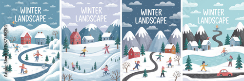 Winter Landscape Vector Illustration – Snow-Covered Mountains, Blue Sky, Forested Scene with Snowy Trees, Serene Nature View, Cold Season, Peaceful Outdoor Winter Background

