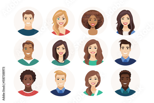 Diverse Avatar Set: A collection of twelve diverse avatars, each representing a unique individual with varying hairstyles and skin tones, perfect for illustrating the variety of representation.