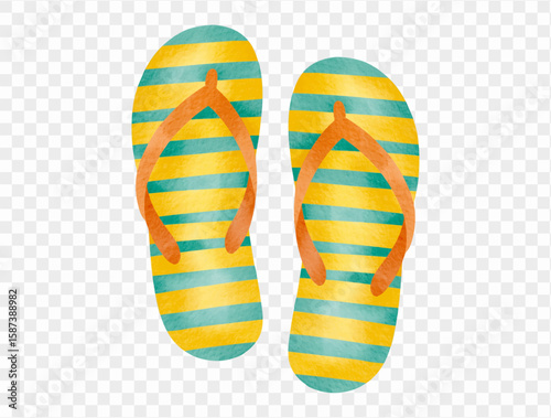 Watercolor striped flip-flops beach summer footwear fashion clipart. Vector.