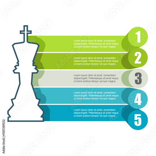 Piece of chess. The king with five features or option of project to select. Minimal infographic illustration for business and science information visualization.