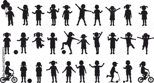 Silhouettes of children playing, riding scooters and bikes, holding balloons, joyful outdoor activities, happy childhood, fun moments, vector illustration
