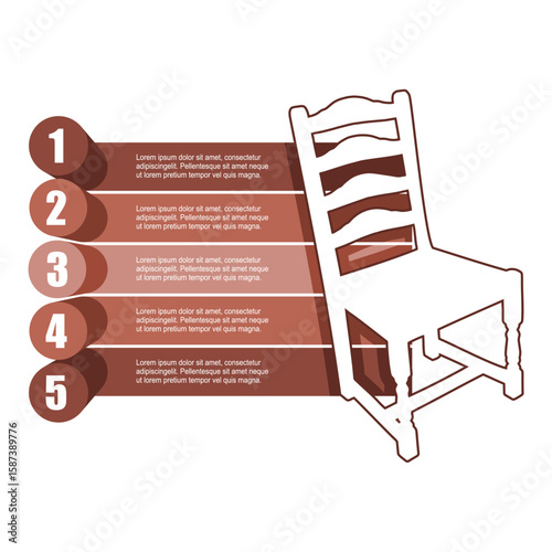 Chair with five features or option of project to select. Minimal infographic illustration for business information visualization.