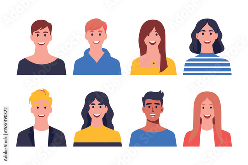 Diverse Portrait Collection: A collection of diverse and stylized portraits, each individual radiates positivity, joy, and self-assurance with a simple smile. Perfect for a variety of uses.