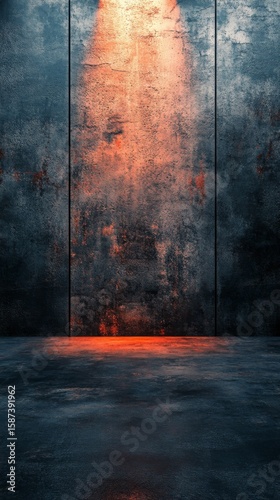 Dark Industrial Room with Orange Spotlight on Grunge Textured Wall and Concrete Floor