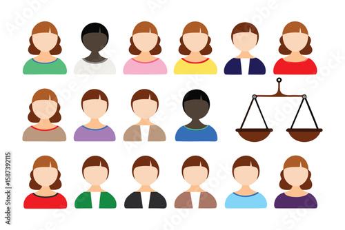 Equality in Balance: A symbolic representation featuring a diverse group of individuals alongside the scales of justice, representing concepts like human rights, equity, and fairness.