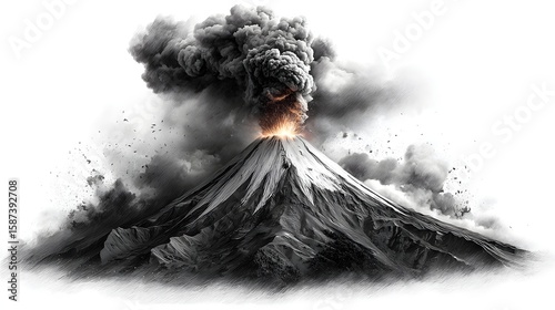 Dramatic depiction of a violent volcanic eruption with towering columns of billowing smoke and ash spewing from the mountain s crater