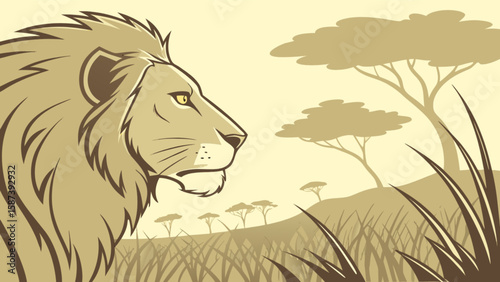 Lion illustration african wildlife safari animal savanna landscape vector graphic nature design africa art 100