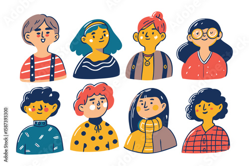 A diverse group of people with unique face expressions in illustration style: Showcasing a variety of individuals with distinct features and characteristics.