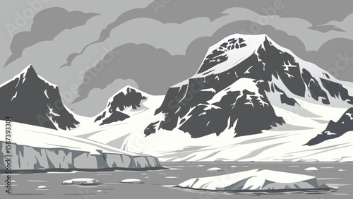 Snowy mountains and icebergs under a cloudy sky creating a cold and icy antarctic landscape scene image