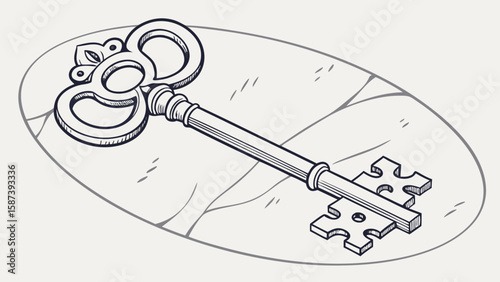 Detailed line art of an ornate key lying on an oval surface with subtle shading and texture details