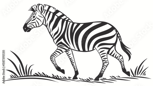 A zebra with black and white stripes walking in a field of grass on a white background drawing art