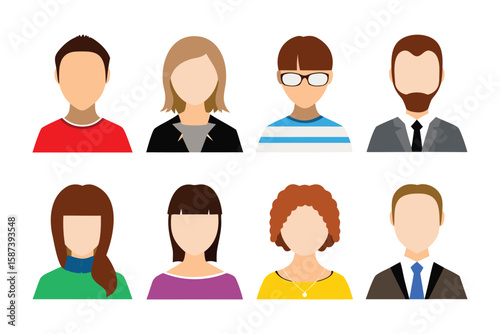 Diverse Avatar Collection: A collection of stylized avatar portraits representing a range of individuals, ideal for illustrating user profiles, profile pictures.