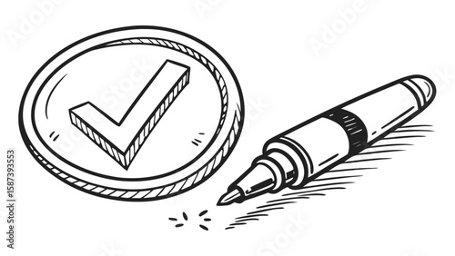 Hand drawn illustration of a check mark inside a circle with a marker on a white background art