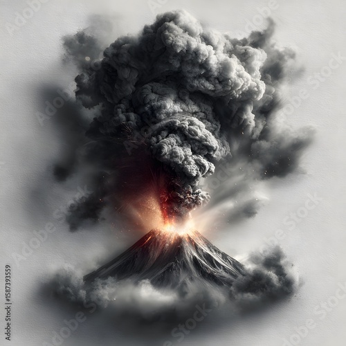 A dramatic image depicting a violent volcanic eruption with a towering plume of smoke ash and lava bursting forth from the mountain