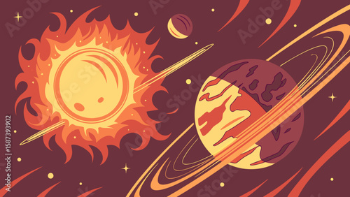 Stylized illustration of a sun with flames and a ringed planet against a dark space background
