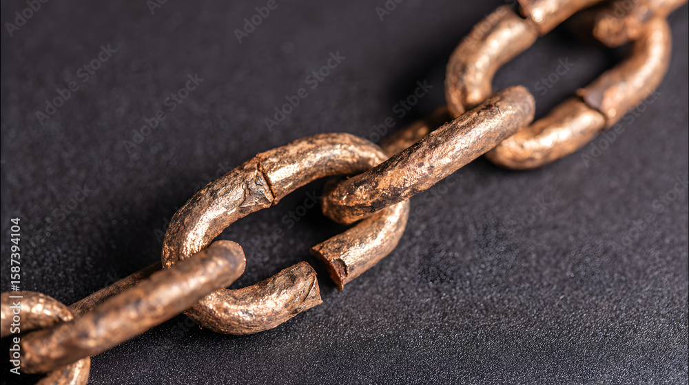 Obraz premium Broken iron chain links on a dark surface, symbolizing liberation and breaking free from constraints.