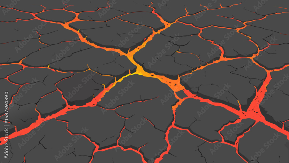 Illustration of cracked ground with glowing lava flowing through the fissures and crevices visible here