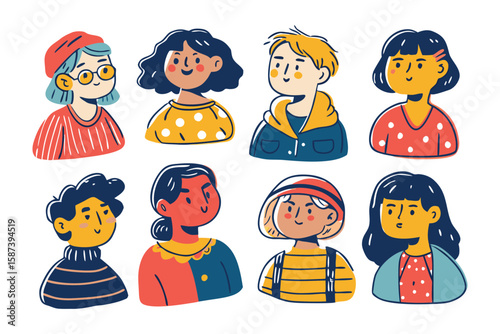 Diverse Group of Characters in Illustration: A vibrant illustration features a collection of diverse characters, each showcasing unique features and style, perfect for projects needing individuality.