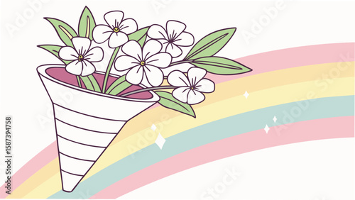 Bouquet of white flowers in a striped vase against a pastel rainbow background illustration art