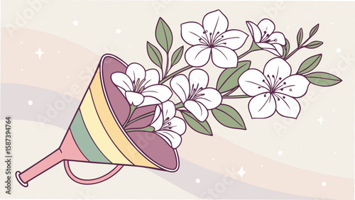 Pastel striped cone filled with white flowers and green leaves on a light background design art