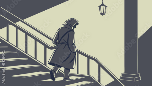 Man in coat walking up stairs with a lamp post and railing in a graphic novel style illustration