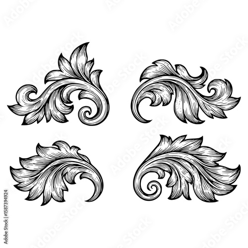 Vintage Black and White Ornamental Flourish Design Elements Isolated