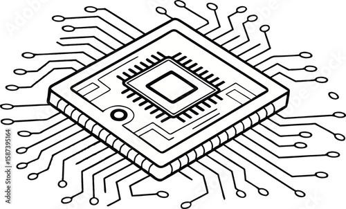 A detailed line drawing depicts an integrated circuit chip with intricate pathways extending outwards.
