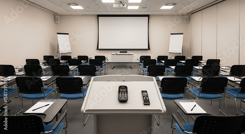 Classroom setting with projector screen and chairs arranged for a presentation or lecture event - ai generated