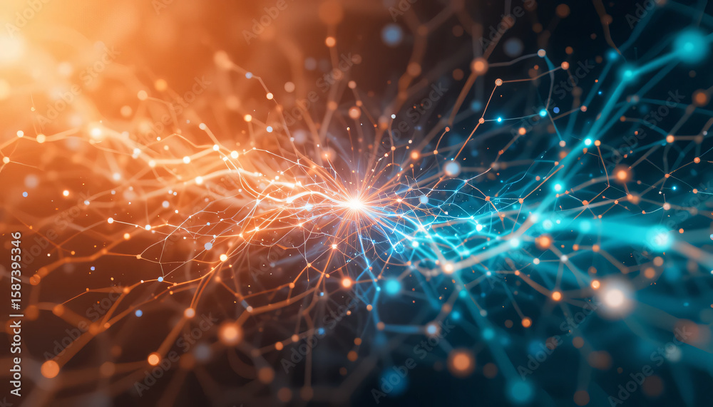 Fototapeta premium Abstract neural network background with glowing blue and orange light particles, digital brain synapses connection concept, futuristic artificial intelligence data visualization technology.