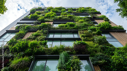 A building with a green facade and a lot of plants growing on it. The building is tall and has many windows
