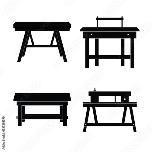 Woodworking and Carpentry Workbench Silhouettes – Black Vector Icons of Workshop Tables and Tool Benches