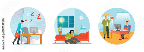 Sleep Deprivation, Sleep behavior disorders, Work Pressure. Stress management concept.
