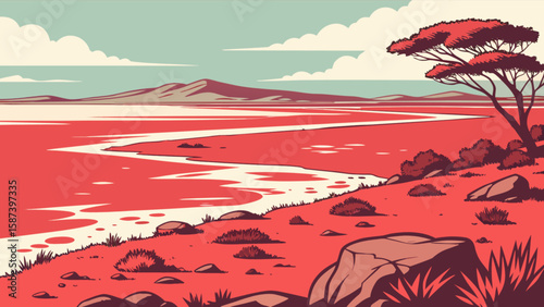 Red landscape illustration of african savanna with tree and water in vector art style design
