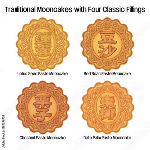 A set of traditional Chinese mooncakes featuring popular fillings lotus seed paste red bean paste chestnut paste and date palm paste