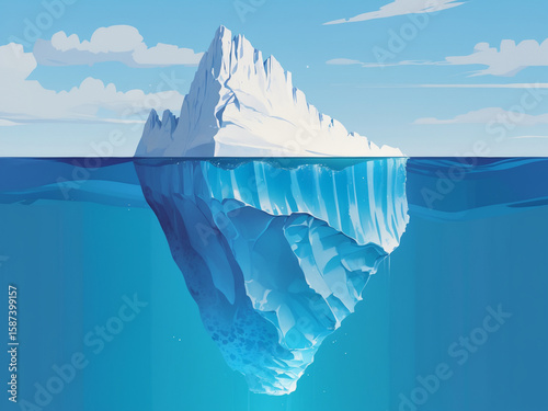 Illustration of a large iceberg with most of its mass hidden beneath the blue ocean surface, symbolizing a hidden danger or unknown depth.