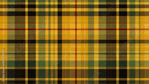 MacLeod Clan Tartan with bright yellow and black plaid, green, red accents, distressed fabric texture, rugged, grunge, ultra-realistic, high-resolution, edgy, artistic, bold, vintage, textured.