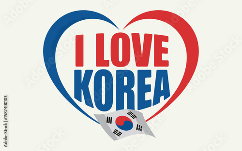 Vivid illustration displaying I Love Korea message with a heart shape and Korean flag on a clean white backdrop.
