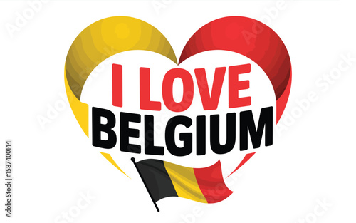A vibrant graphic featuring a heart with the colors of Belgium, expressing love for the country with a Belgian flag at the bottom.