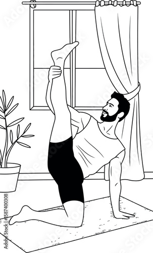 Man practicing yoga pose at home, stretching leg up, home fitness and wellness concept